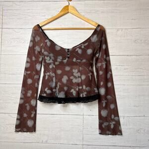 Silence + Noise Top Womens Size S-P Moody Color Mesh Floral Babydoll Cropped